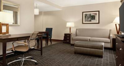 Spacious studio suite featuring lounge area with sofa, TV, and work desk with ergonomic chair.