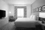 Hotel room with a king bed, a window framed by blue patterned curtains, an accent armchair, and a flat-screen TV.