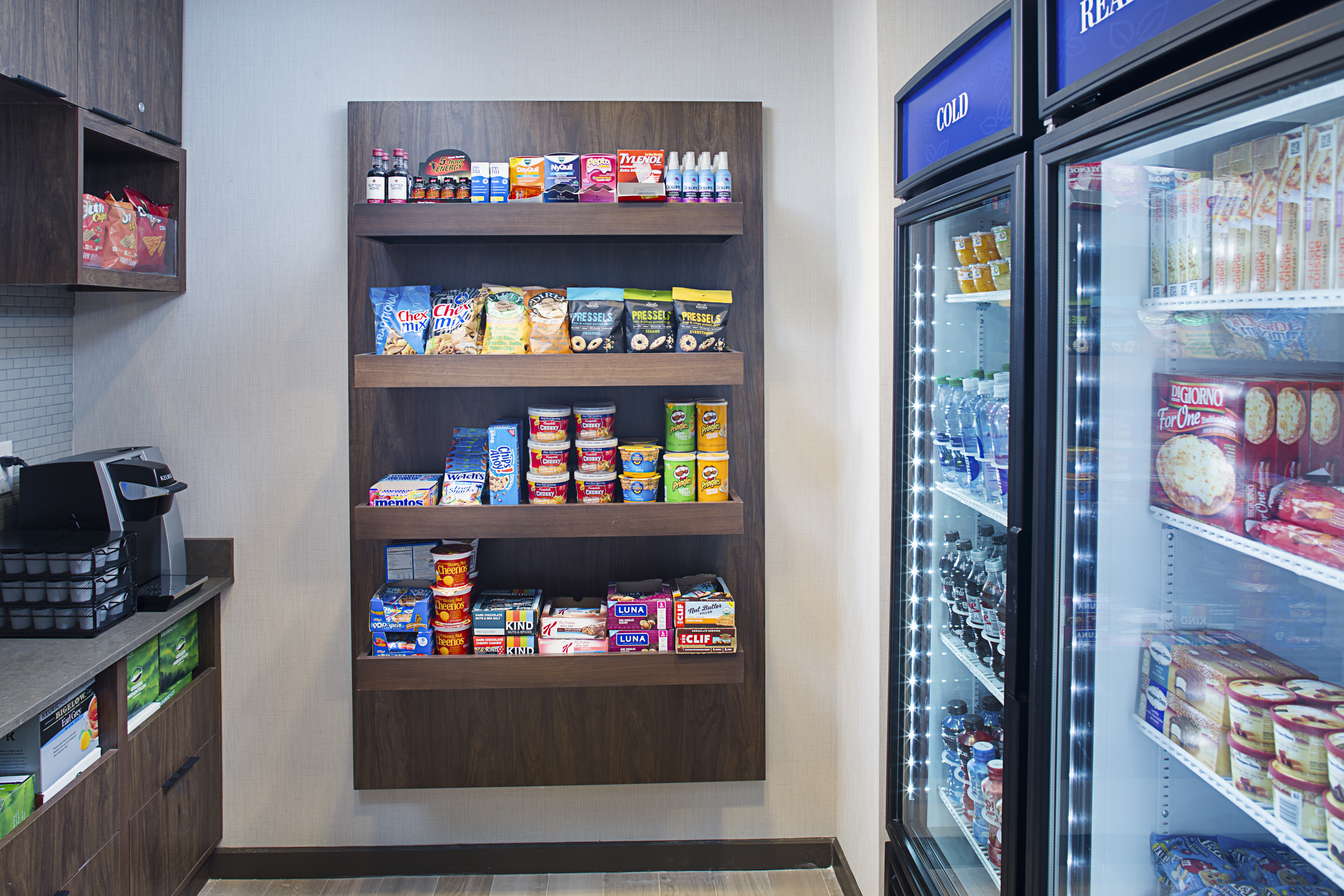 Coffee, Keurig, Snacks, Convenience Items, Frozen Dinners, and Cold Beverages Available For Guest Purchase at Pavilion Pantry