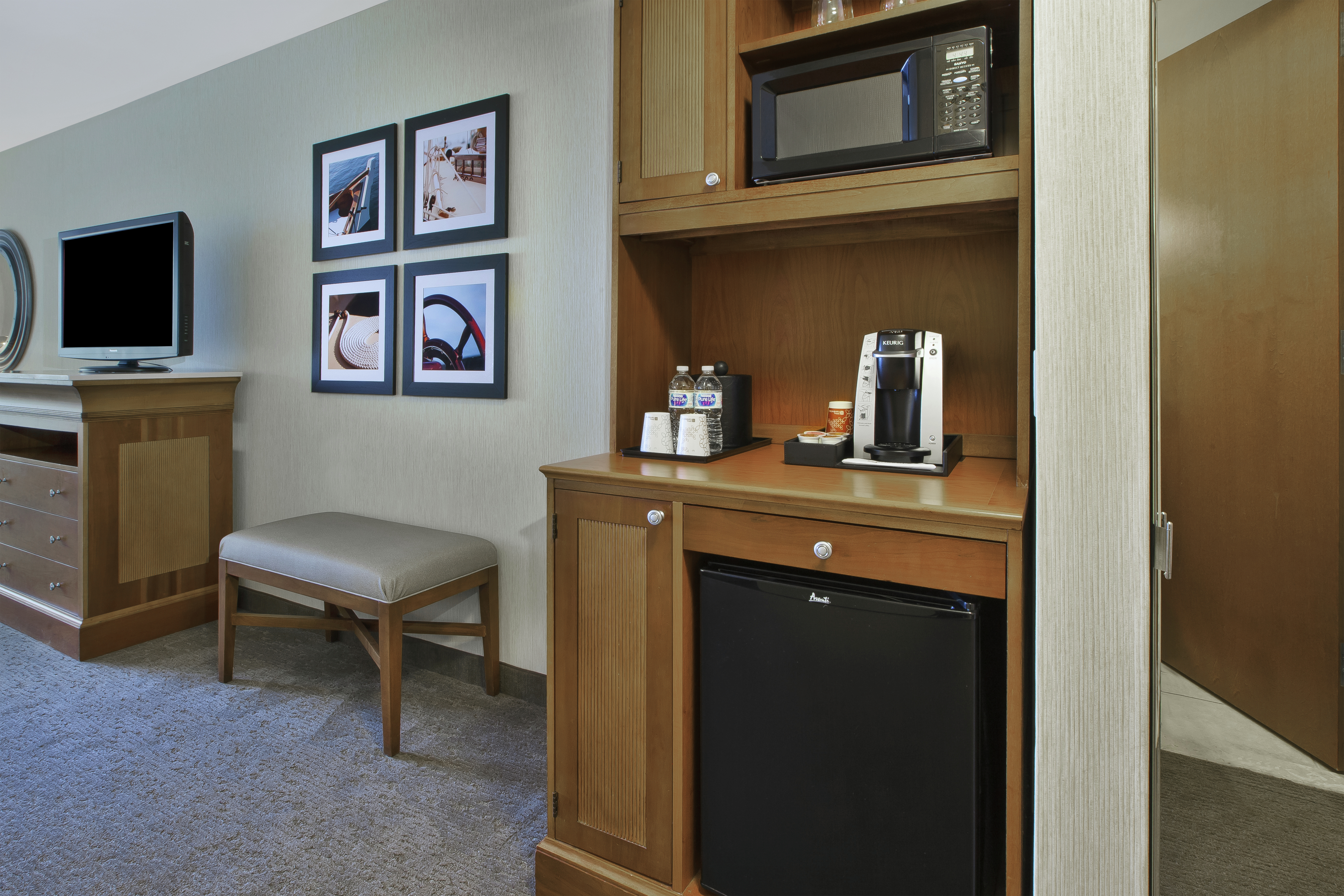 Hospitality center with refrigerator and coffeemaker