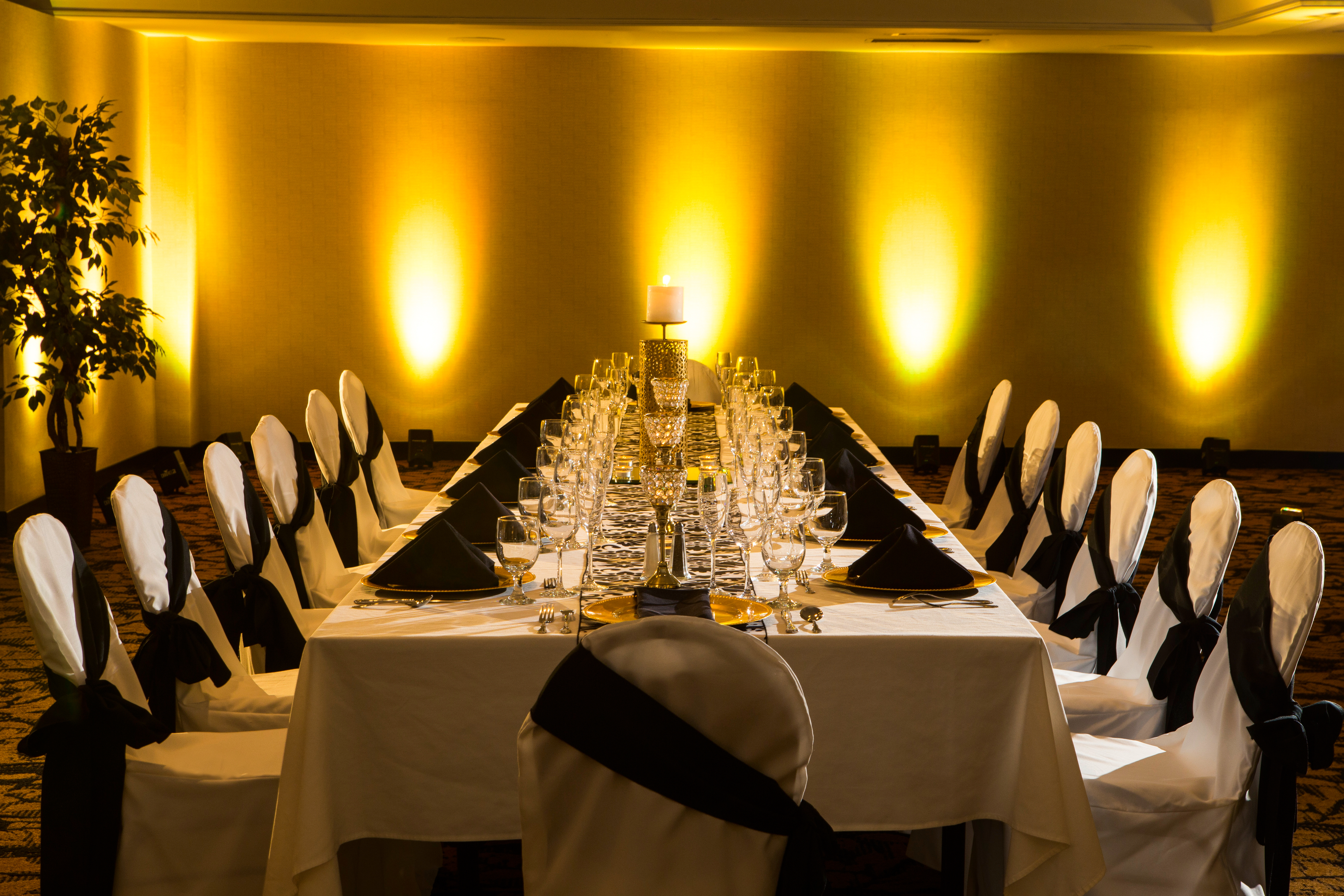 Large Table With White Linens, Black Napkins, Place Settings, and White Chairs With Black Sashes in Dramatically Lit Reception Room