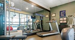 Fitness Center with Mirrored Wall with Reflection of Outside View, TV, Weight Bench, Cardio Equipment, Red Exercise Ball