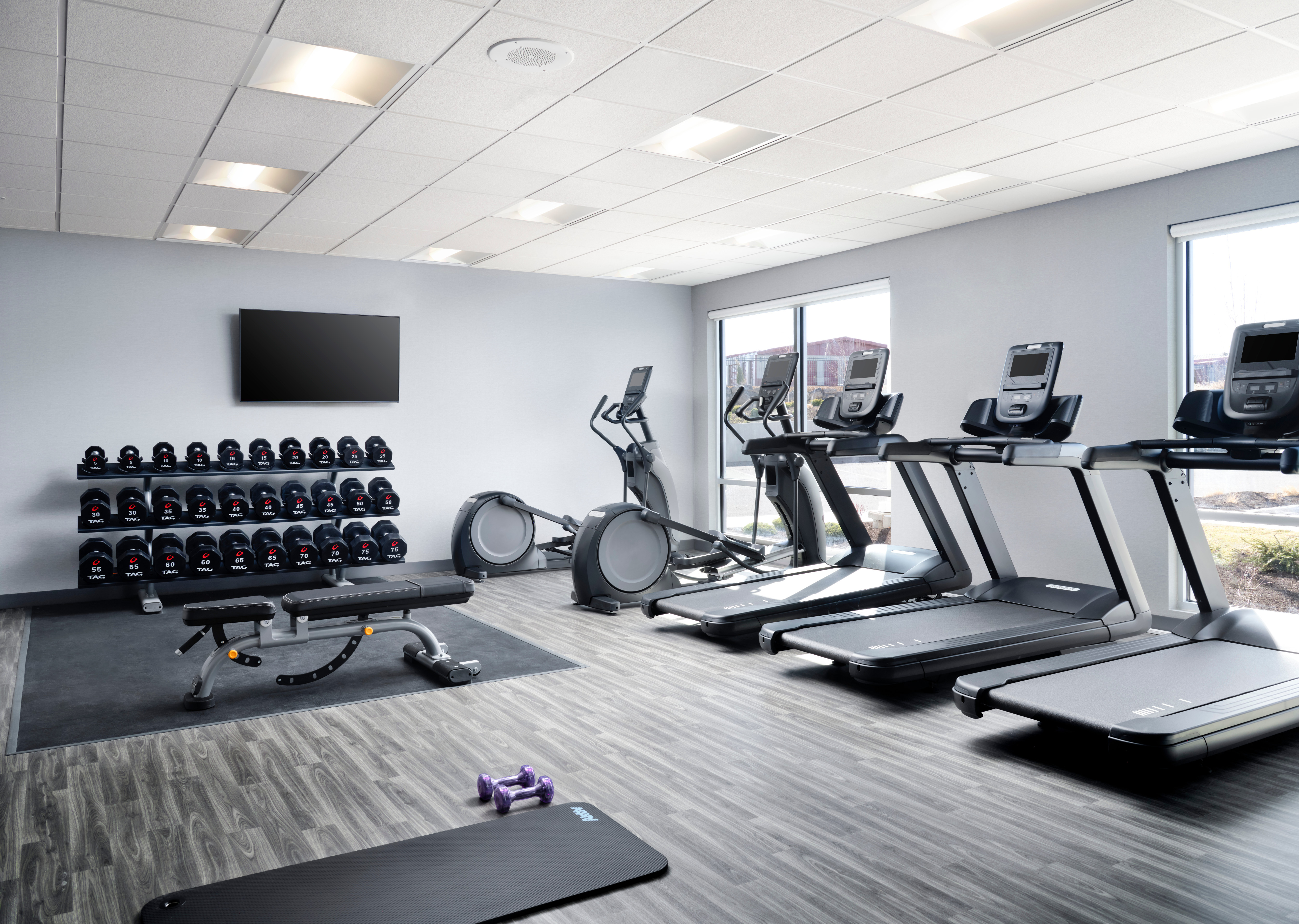 Fitness Center with Treadmills Recumbent Bikes Weights and HDTV