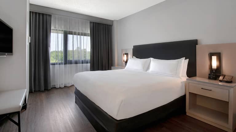 guest room with bed and window