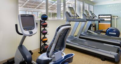 Exercise machines, balls, scale by high windows