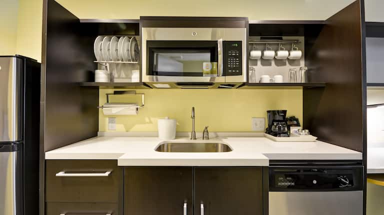 Close-Up of Guest Kitchen Counter with Sink, Microwave and Dishwasher