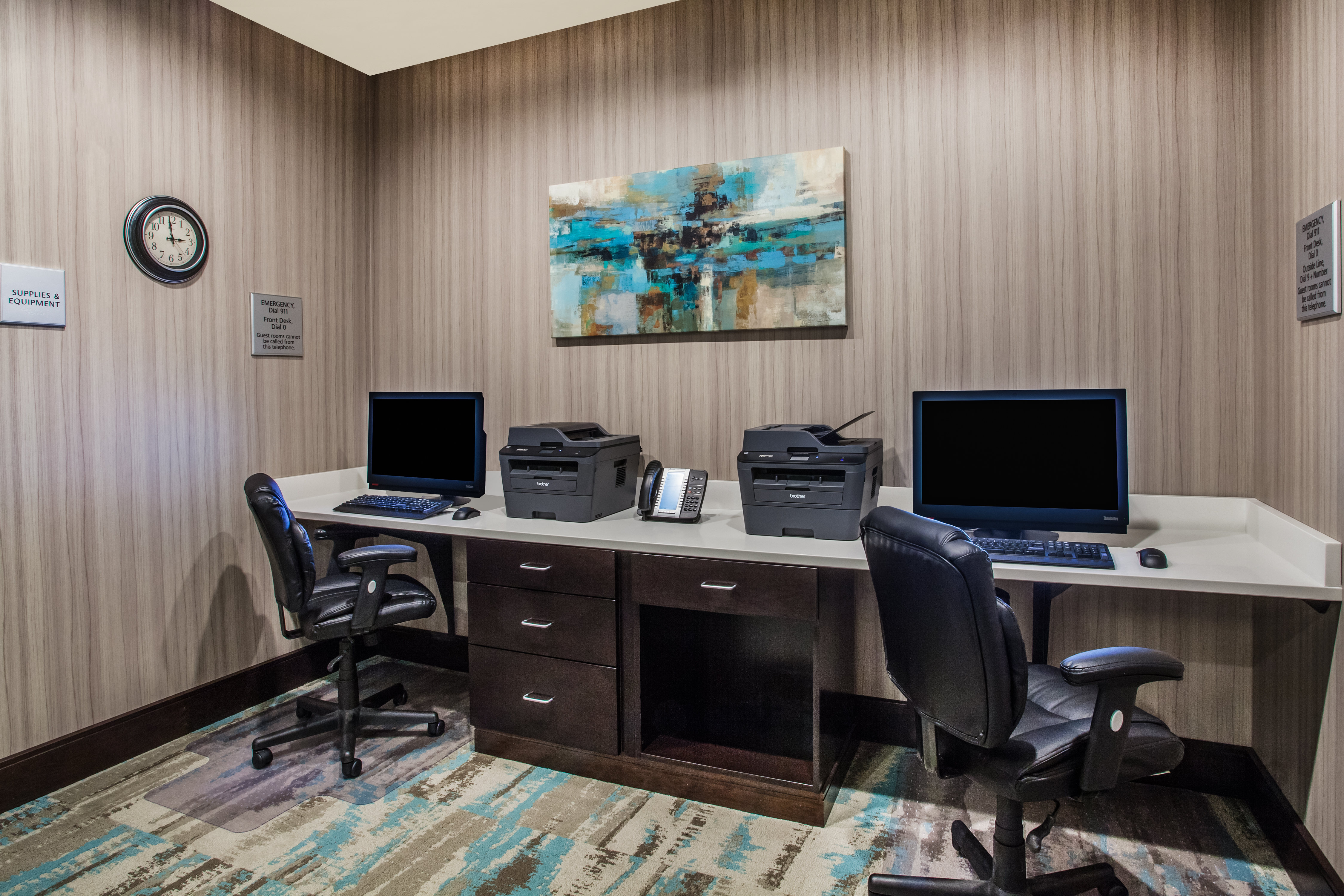 Business Center with Two Desktop Computers, Two Printers and Office Chairs