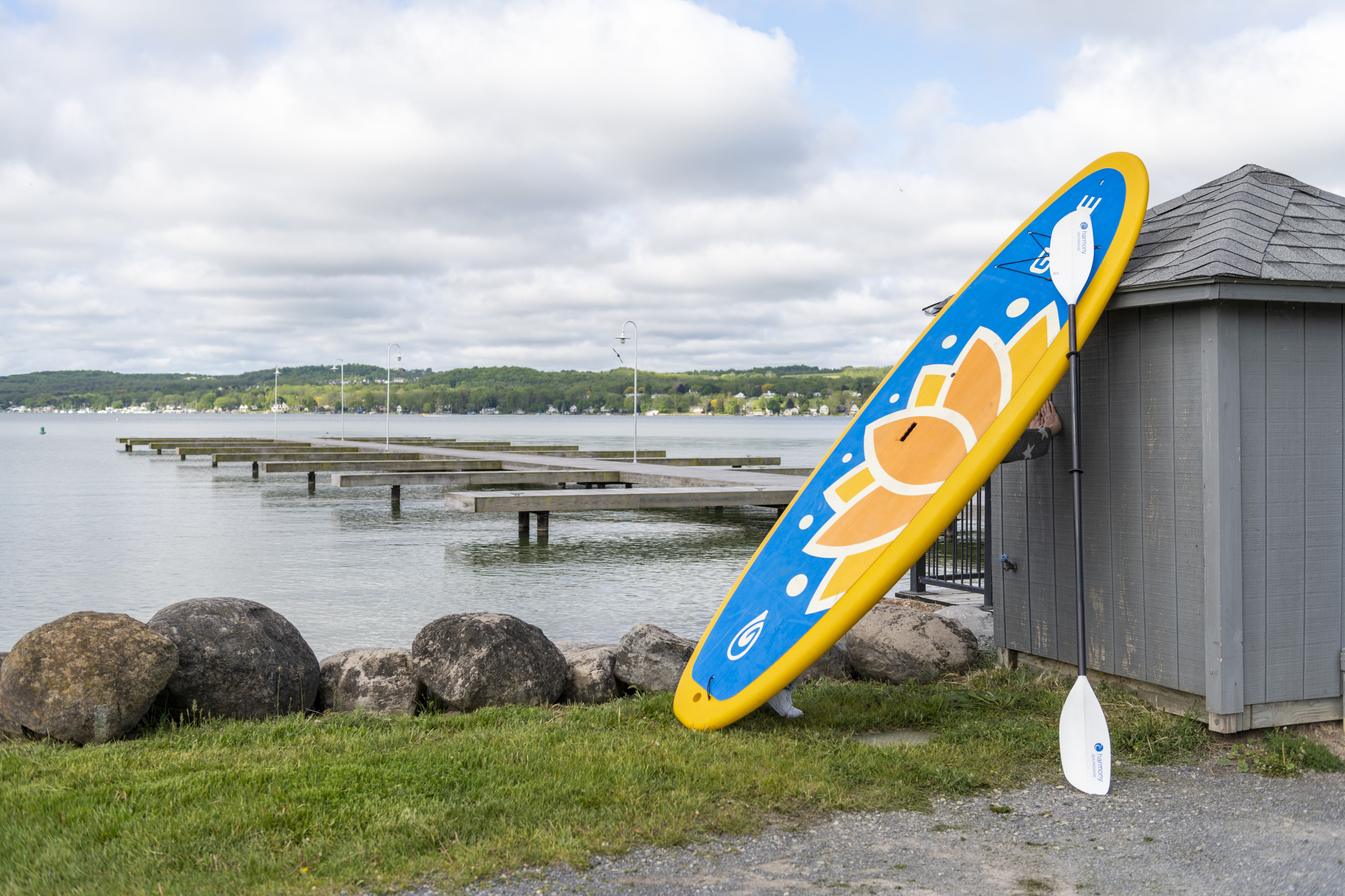 Surfboard and paddle by water