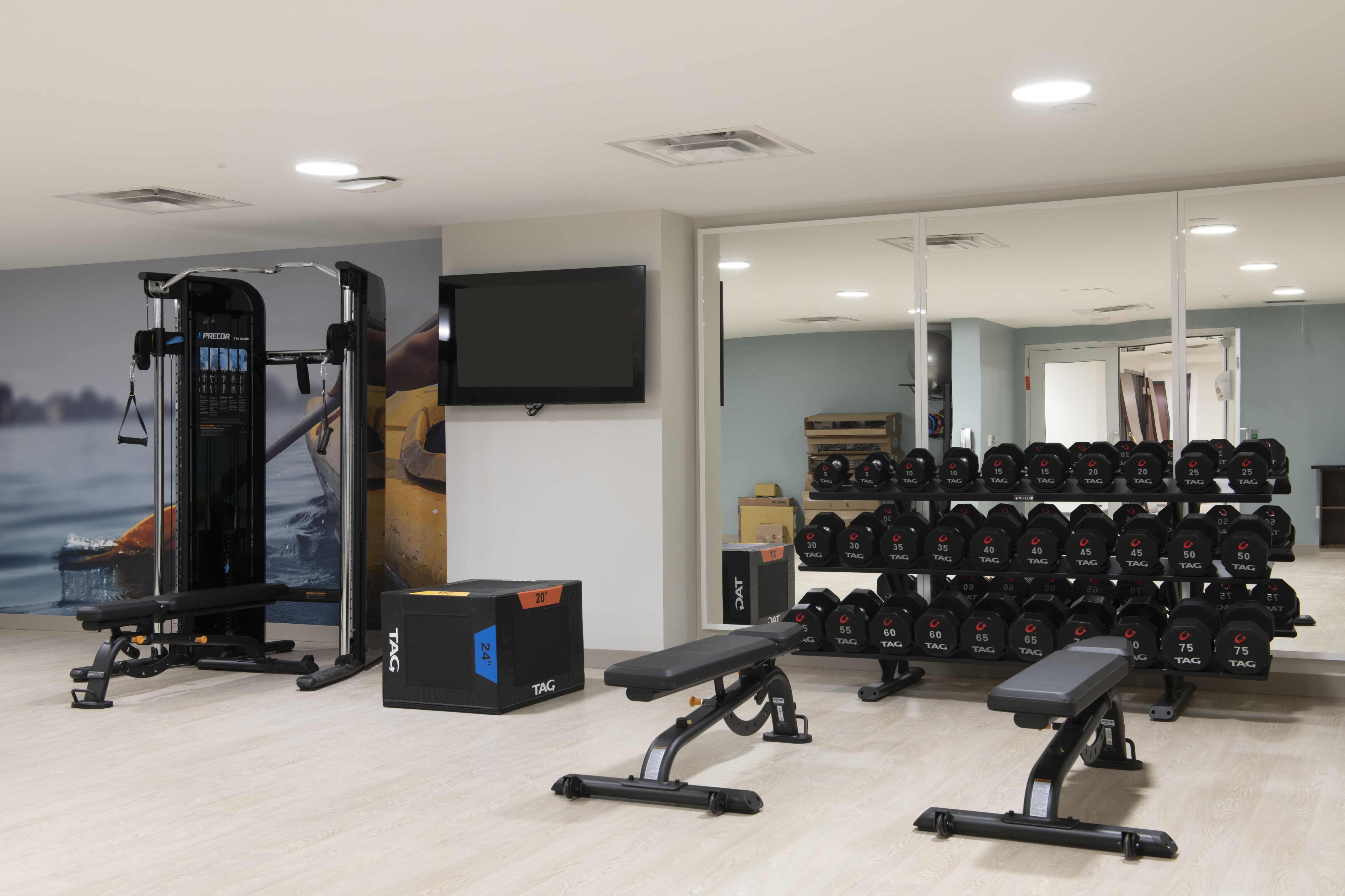 Fitness center with benches and weights