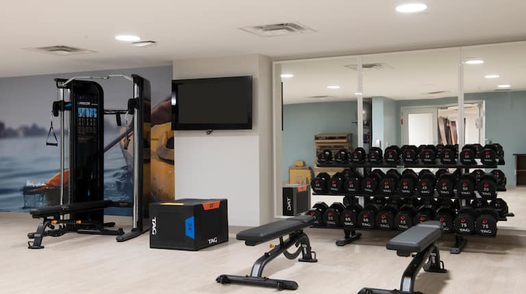 Fitness center with benches and weights