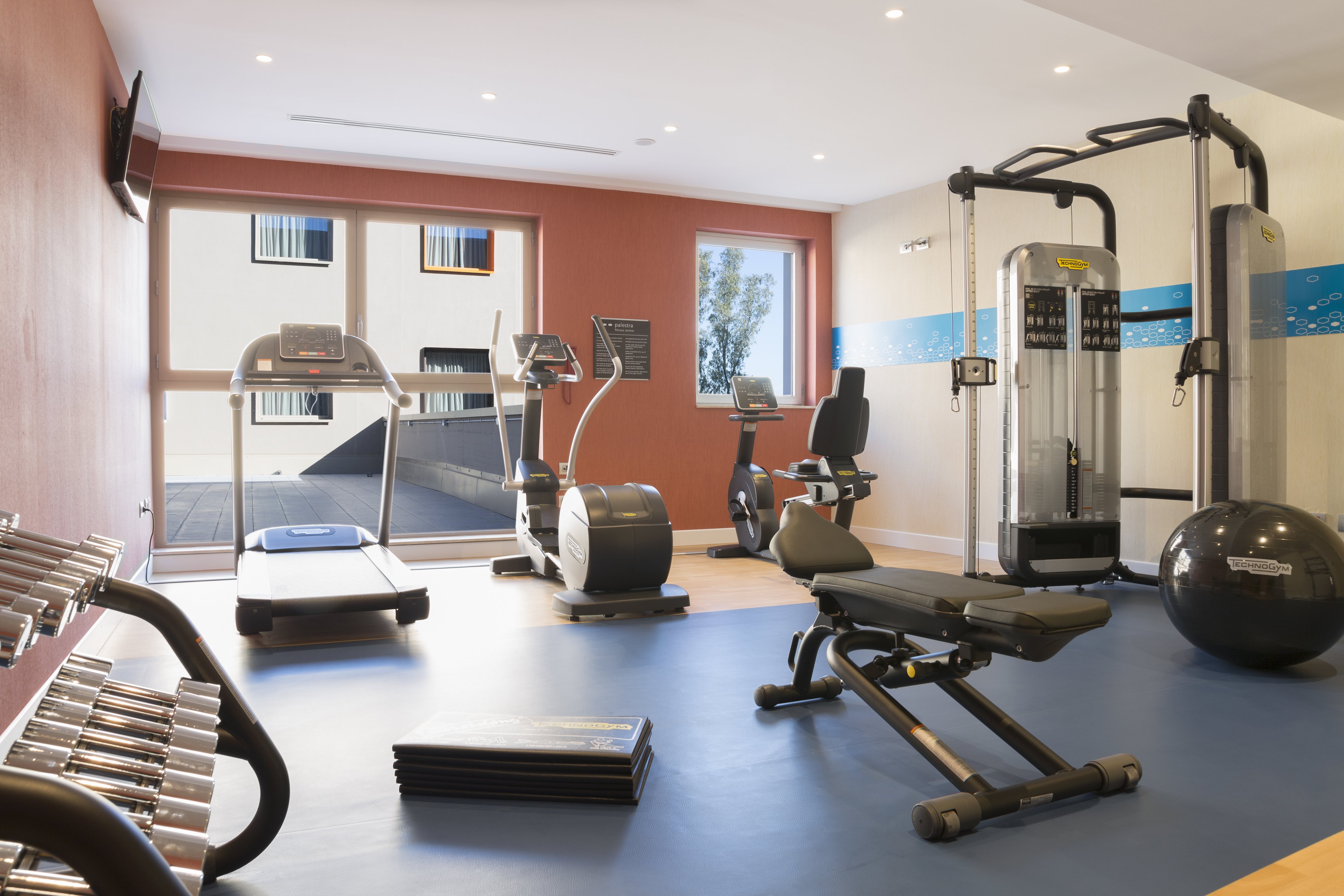 Fitness center - Panca e rastrelliera per i pesi, attrezzature cardiovascolari