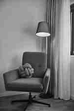 蓝色椅子和橙色枕头的肖像图，前面有一盏长灯