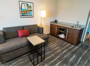 Comfortable seating in room, with wetbar