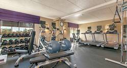 Hotel fitness center with cardio machines and free weights.