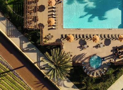 Overhead view of pool with seating