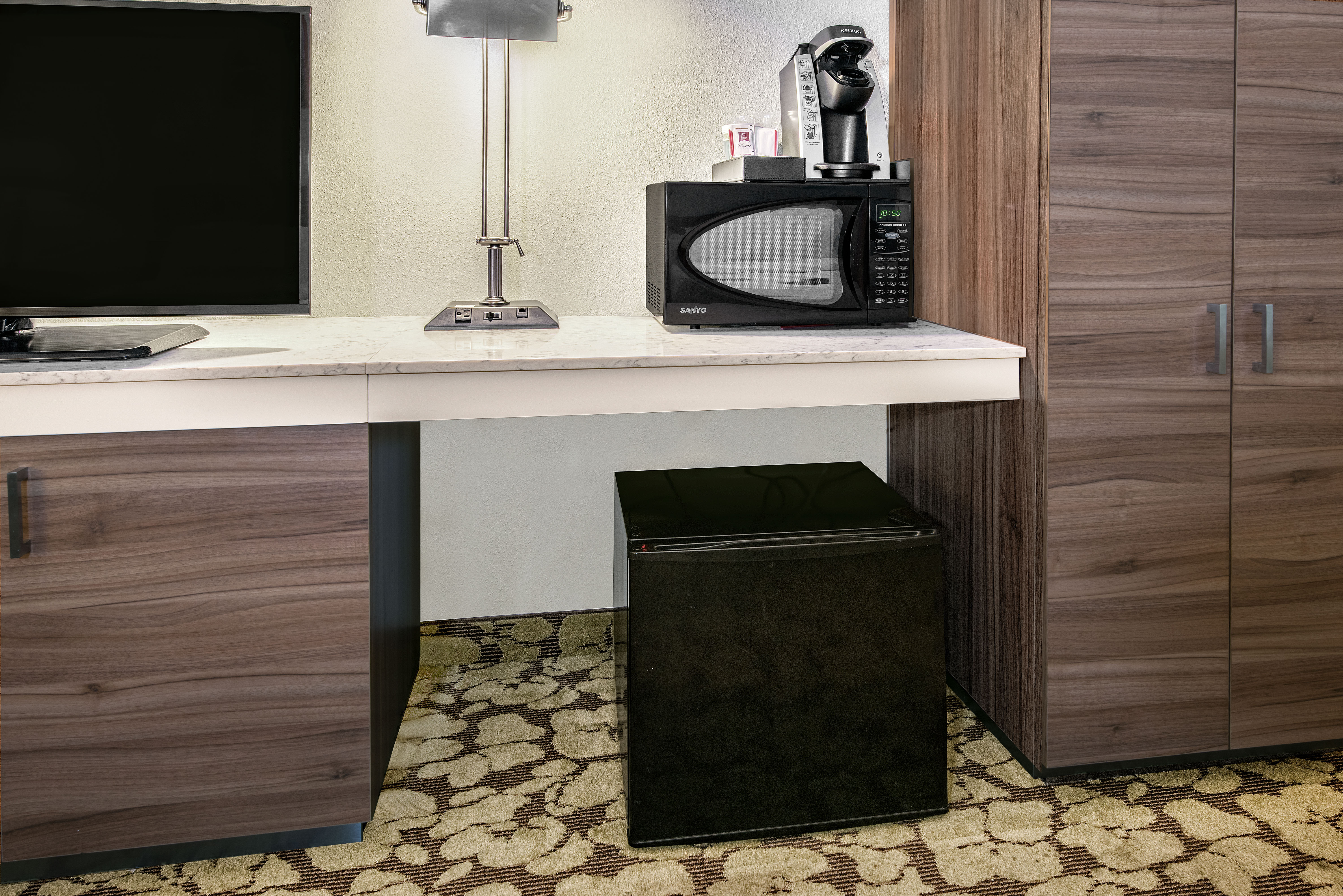 Guestroom Amenities TV Microwave and Mini-Fridge