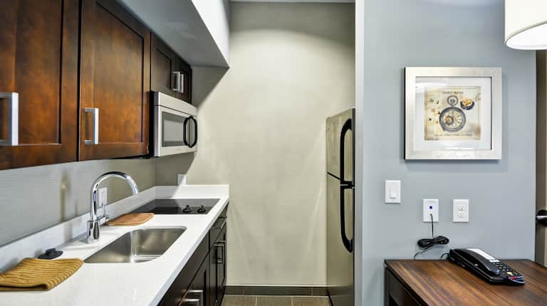 Suite Kitchen With Sink, Cooktop Stove, Microwave, and Refrigerator