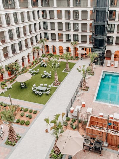 Hotel courtyard and outdoor swimming pool