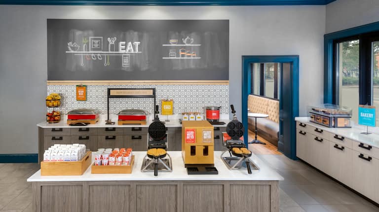 breakfast buffet, waffle makers