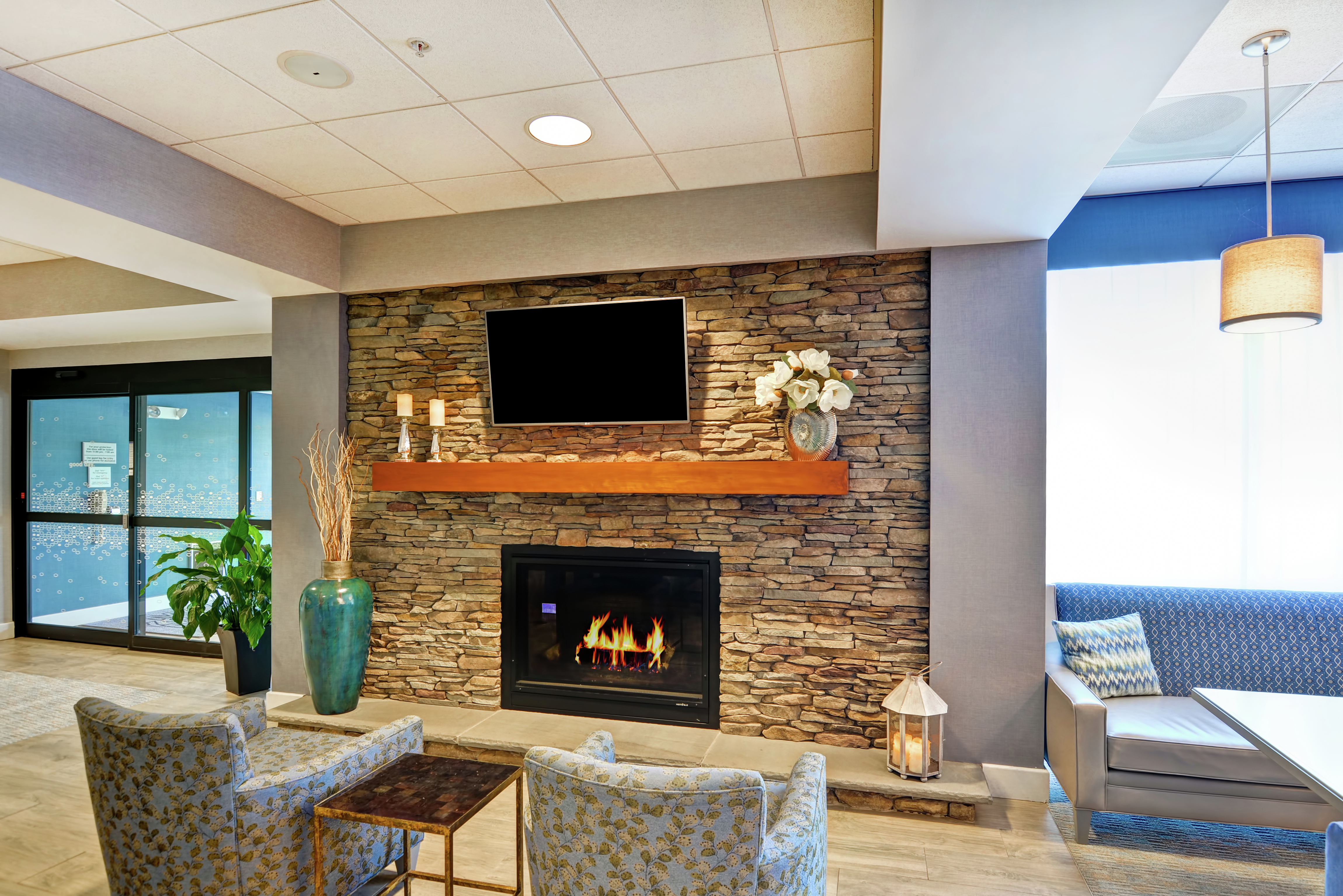 Hotel Lobby Seating Area with Fireplace