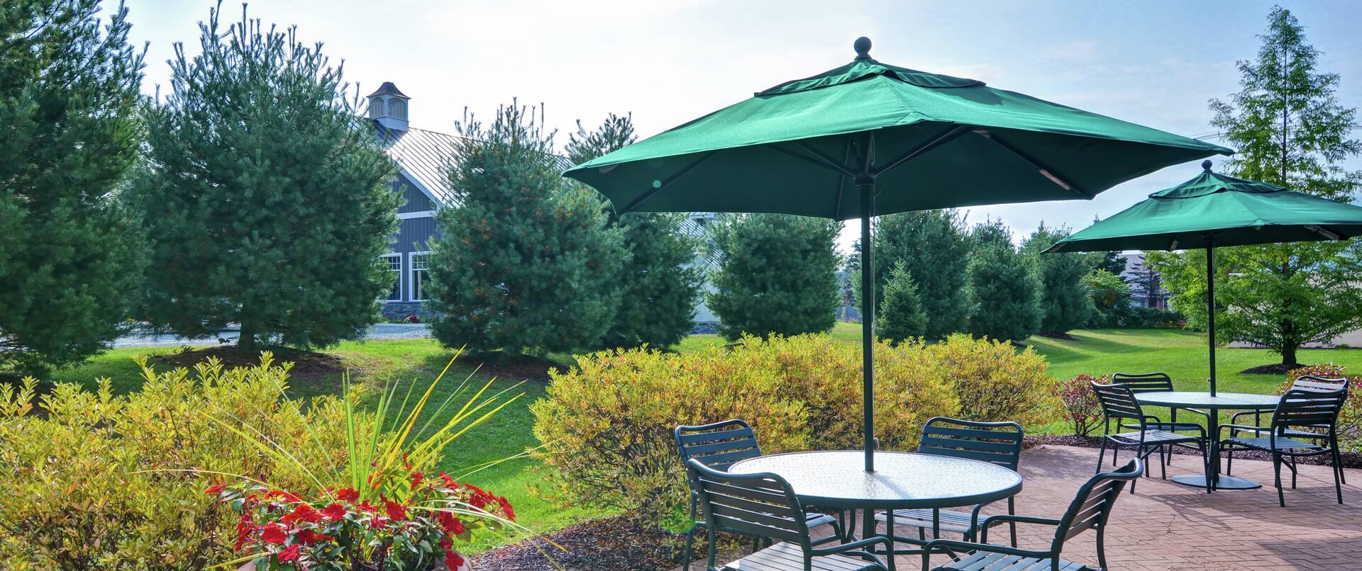Outdoor Patio with Table and Chairs Covered by Umbrellas