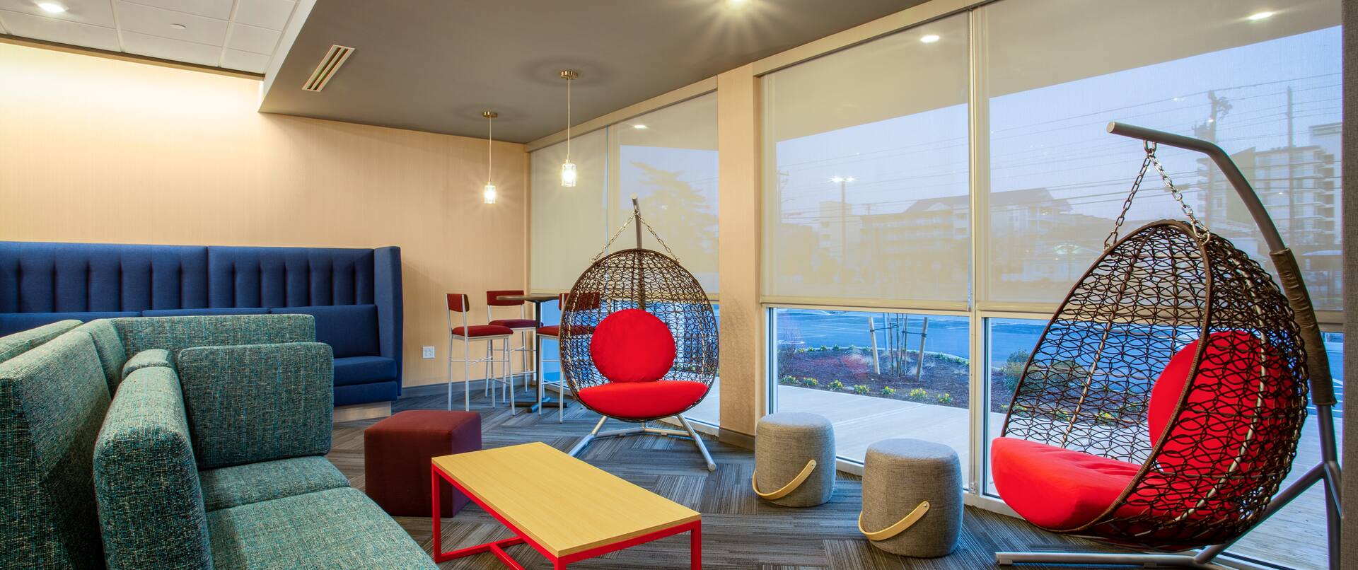 hotel lobby, seating area, hanging chairs