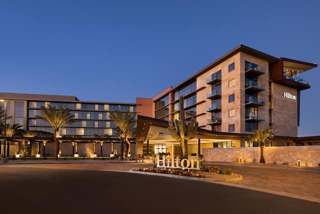 hotel exterior at dusk