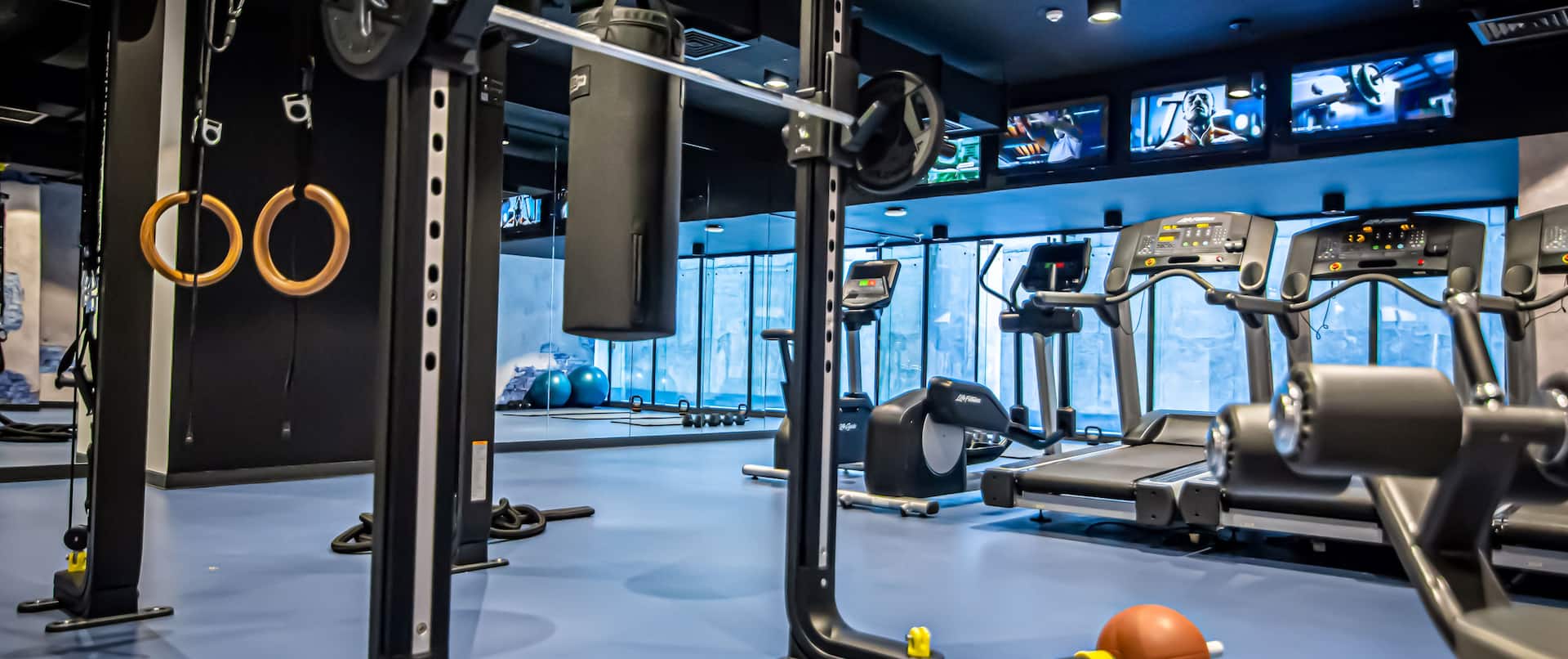 Gym with treadmills, weight racks and bodyweight training equipment