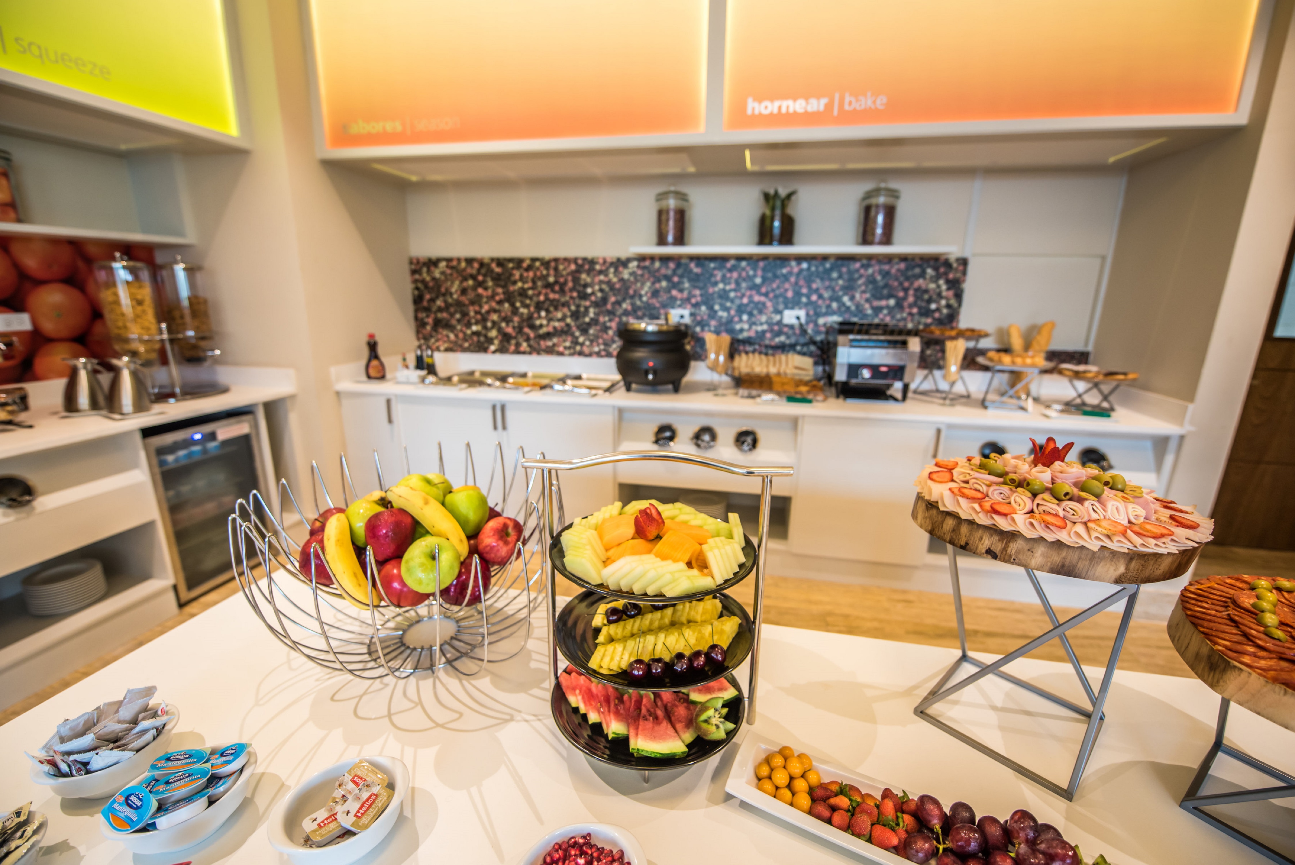 Breakfast Buffet Food Counters with Fruit Bowl and Fruit Dishes