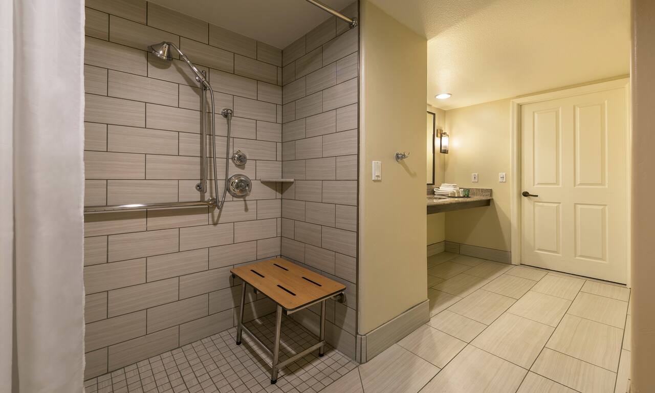 Accessible Guest Bathroom with Vanity and Roll-In Shower-transition