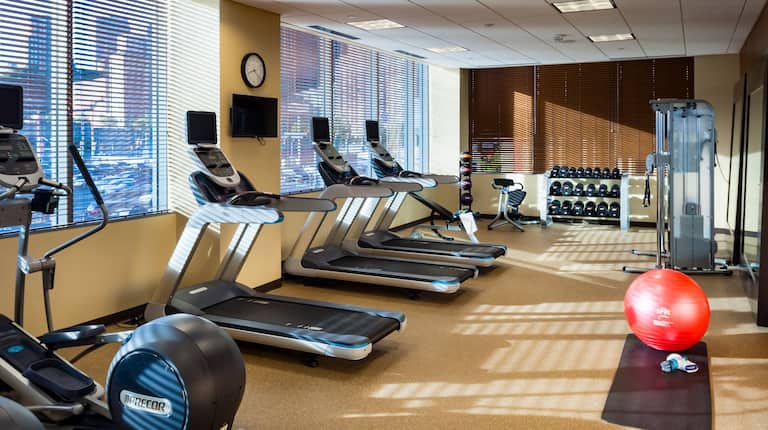 Fitness Center With Cardio Equipment Facing Windows, Wall Clock, TV, Weight Bench, Weight Balls, Free Weights, Weight Machine, Red Exercise Ball, and Floor Mat