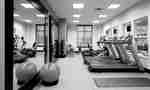 Fitness Center With Red Exercise Ball, Large Mirrors, Weight Balls, Free Weights, Weight Bench, Window, and Cardio Equipment