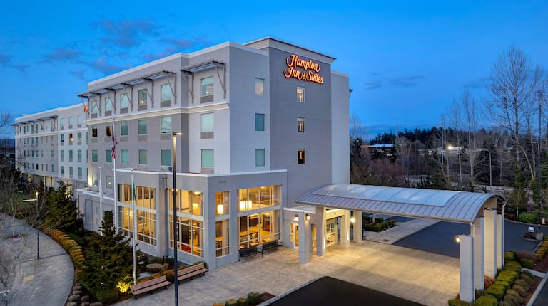 exterior view of hotel at dusk