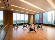 Large Fitness Center with Modern Equipment and City View