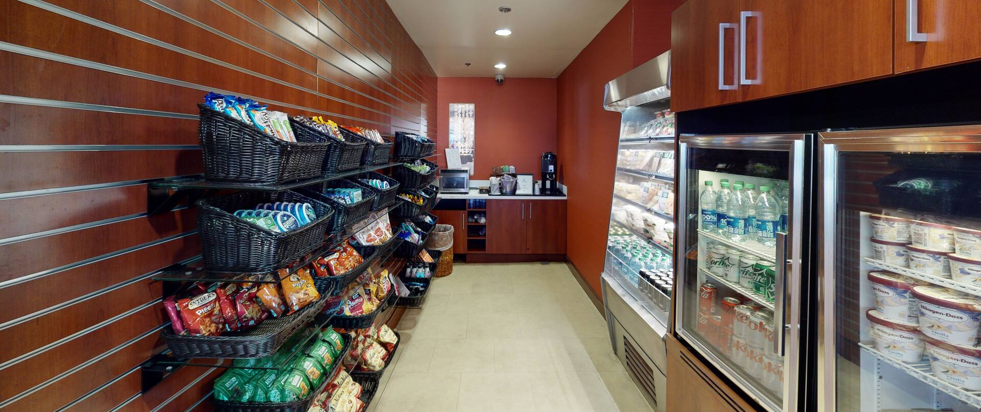 Shop area with snack displays and shelves