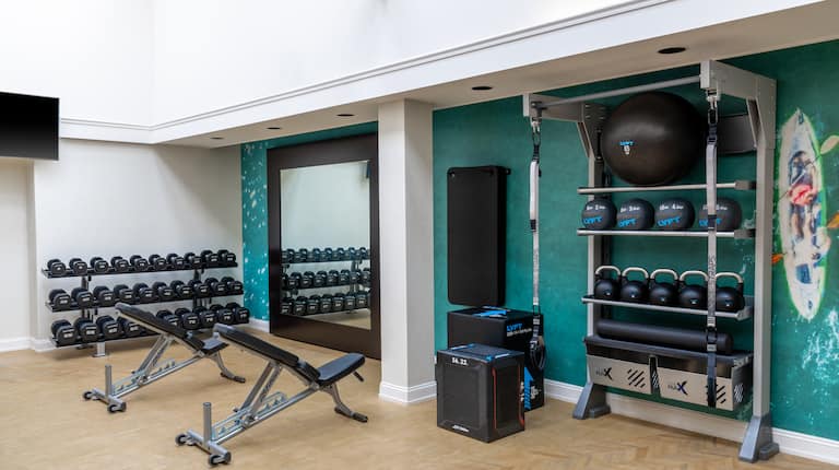 on site fitness center, free weights, yoga ball