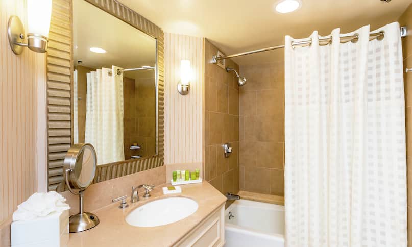 Accessible Guestroom Bathroom with Mirror, Vanity, Bathtub, and Shower-previous-transition