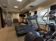 Fitness Center With Cardio Equipment Facing Windows, Large Mirrors, Weight Machine, Free Weights, Bench, TV, and Red Exercise Ball