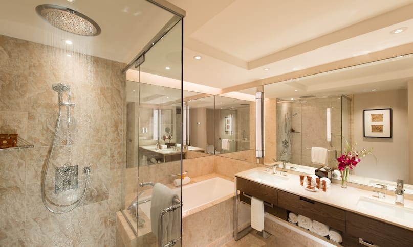 Badezimmer mit begehbarer Dusche, Badewanne, Spiegel und Waschbecken – früherer Übergang