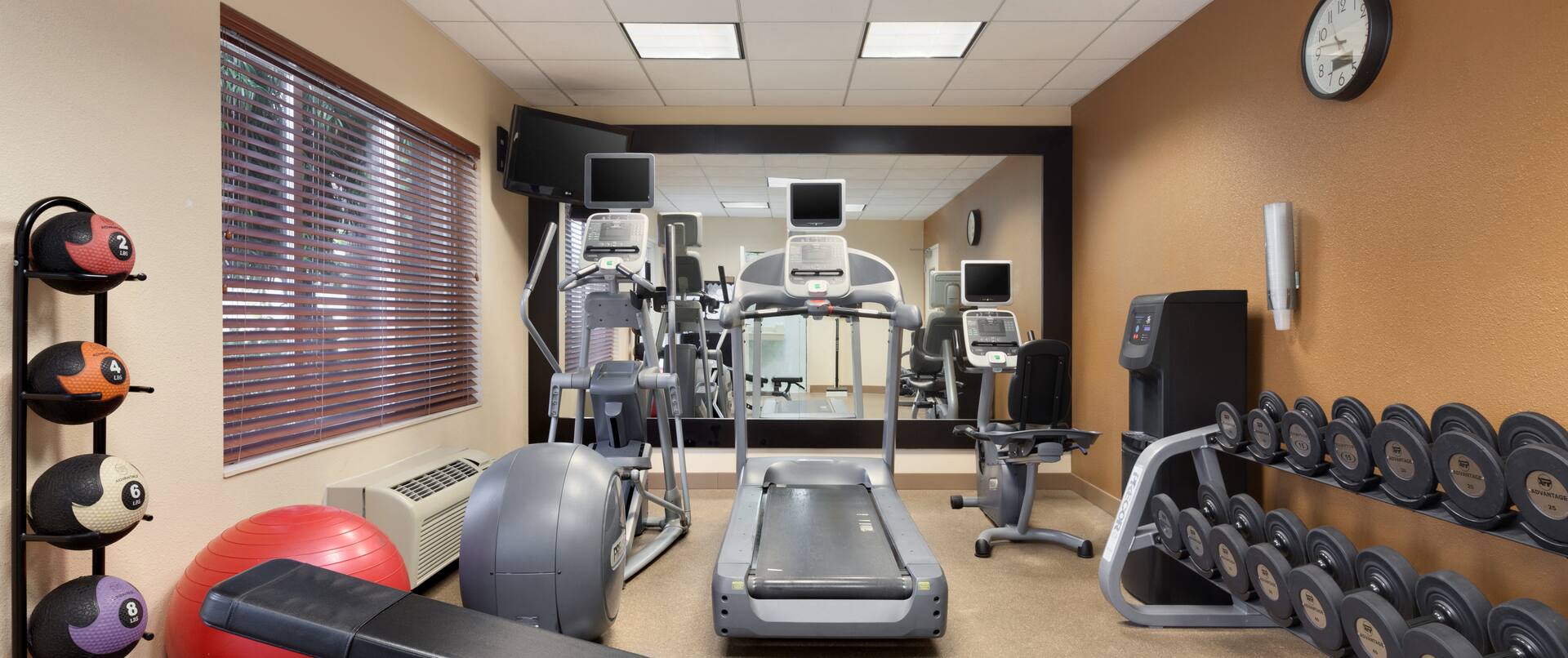 Fitness Center With Cardio Equipment, TV, Mirrored Wall, Water Cooler, Free Weights, Weight Bench, Weight Balls, and Red Stability Ball