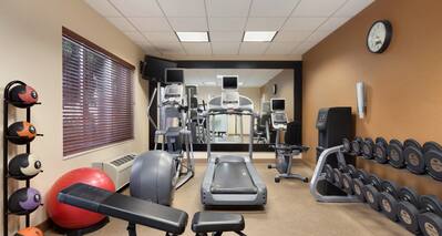 Fitness Center With Cardio Equipment, TV, Mirrored Wall, Water Cooler, Free Weights, Weight Bench, Weight Balls, and Red Stability Ball