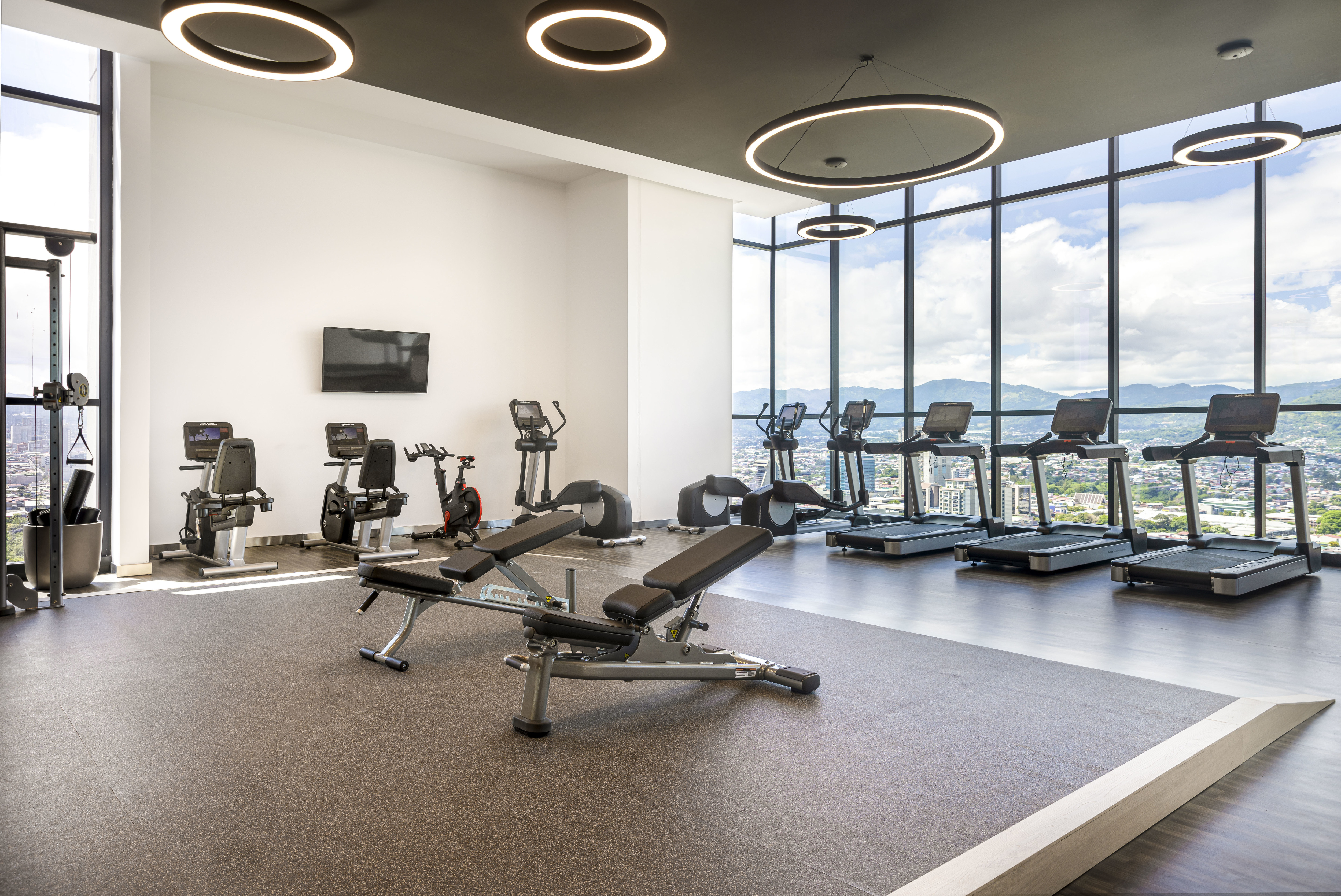 Fitness Center with Modern Equipment and Large Windows