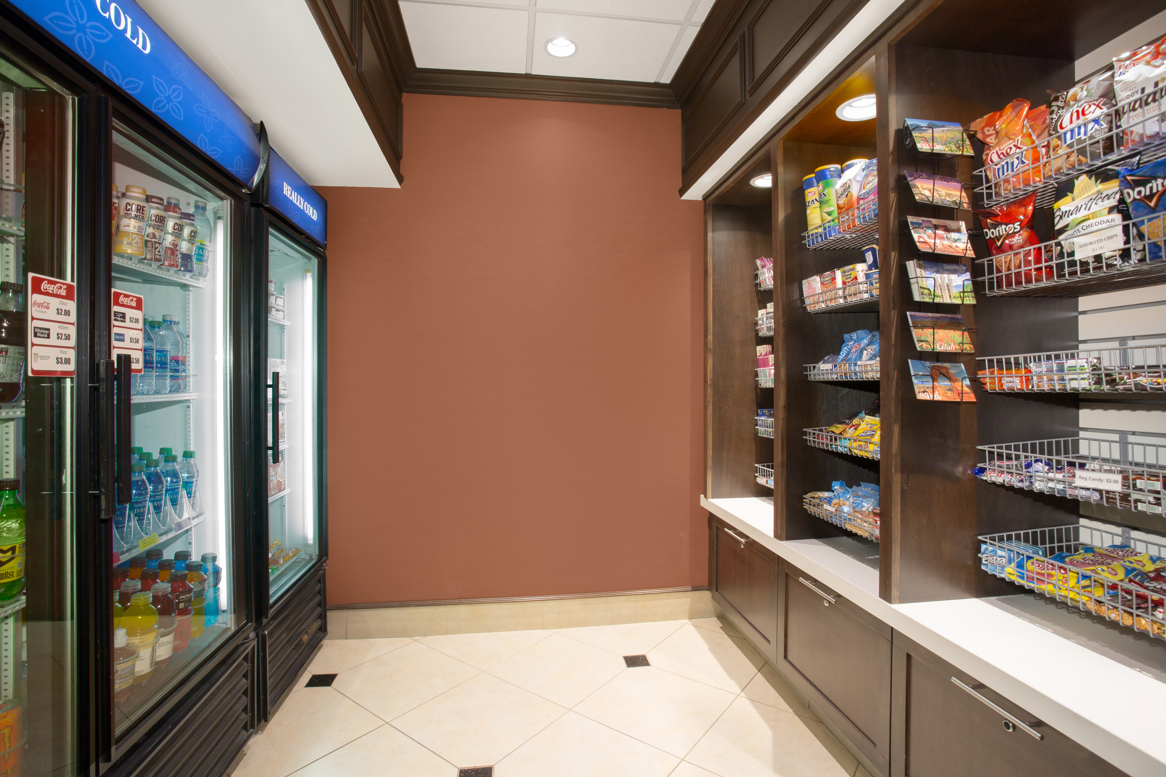 Snack Shelves and Refrigerator in Convenience Shop