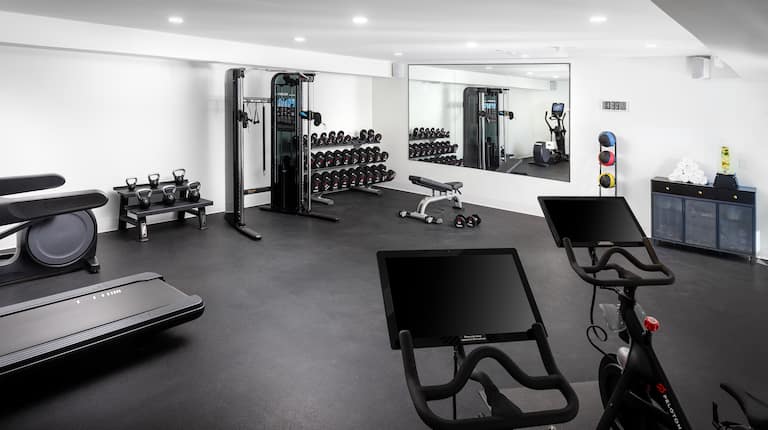 on site fitness center, peloton bikes, free weights