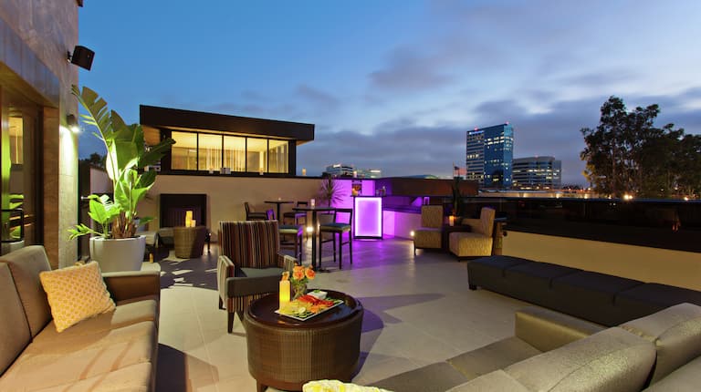 Outdoor Patio and Terrace with Lounge Style Seating at Dusk 