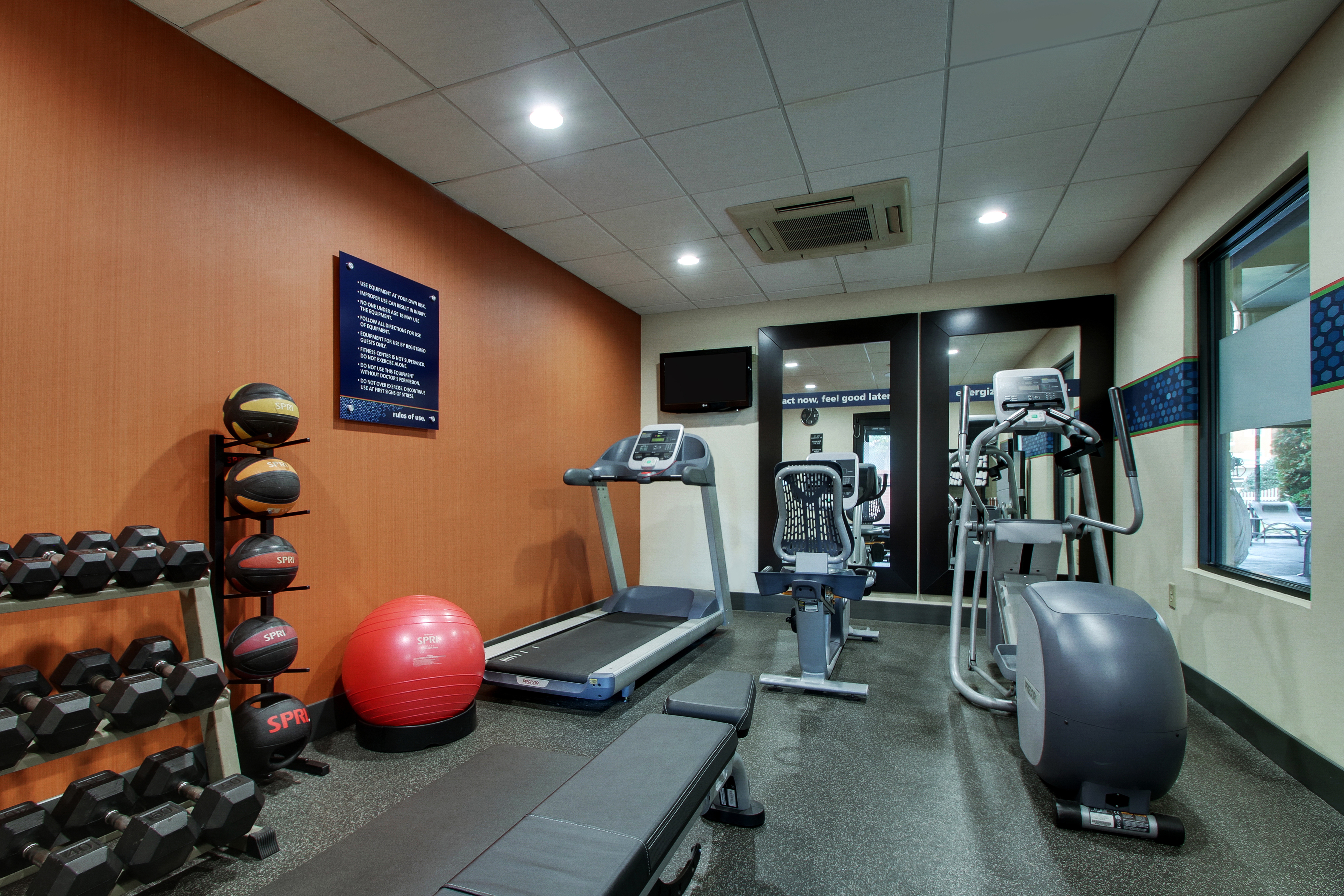 Fitness Center with Treadmill, Cycle Machine, Cross-Trainer, Weight Bench, Gym Ball, Medicine Ball Rack and Dumbbell Rack
