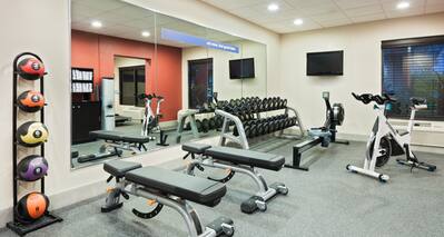 Fitness Center with Weight Bench, Dumbbell Rack, Rowing Machine, Wall Mounted HDTV and Cycle Machine