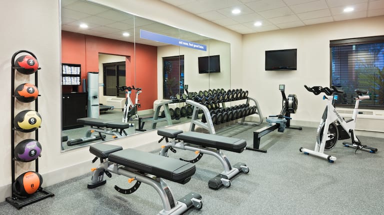 Fitness Center with Weight Bench, Dumbbell Rack, Rowing Machine, Wall Mounted HDTV and Cycle Machine