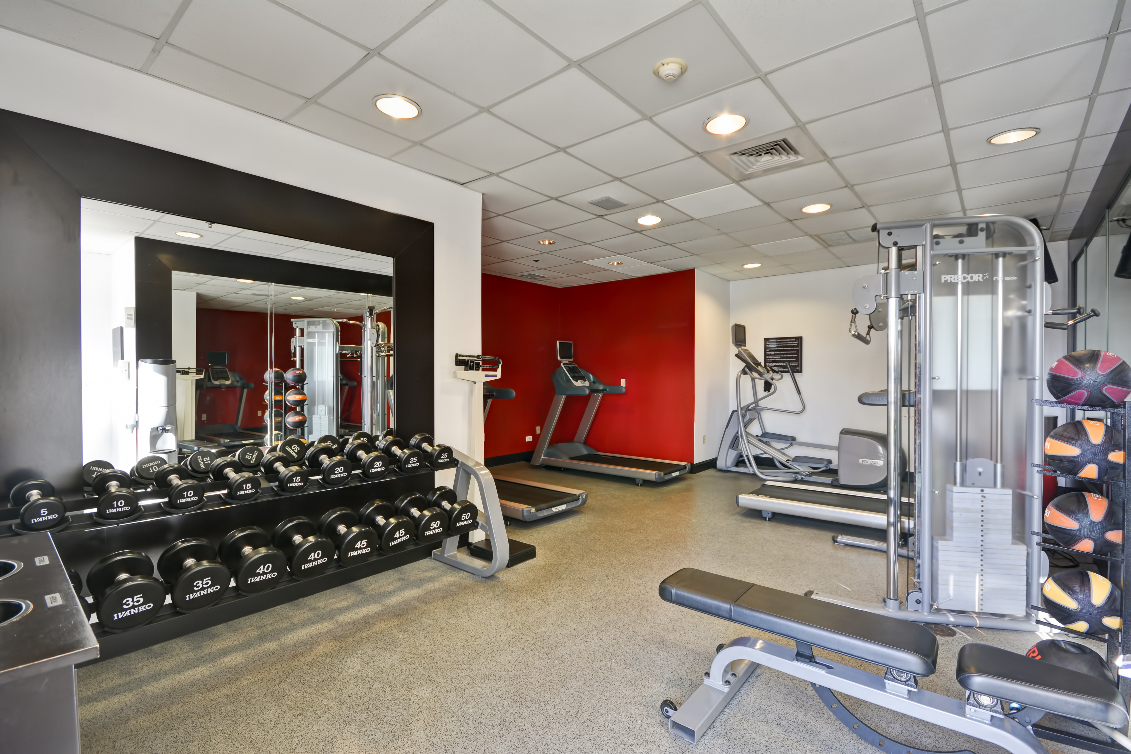 Fitness Center With Weight Machine, Weight Balls, Bench, Free Weights, Large Mirror, Scale, and Cardio Equipment