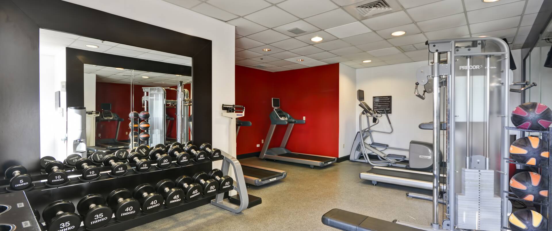 Fitness Center With Weight Machine, Weight Balls, Bench, Free Weights, Large Mirror, Scale, and Cardio Equipment